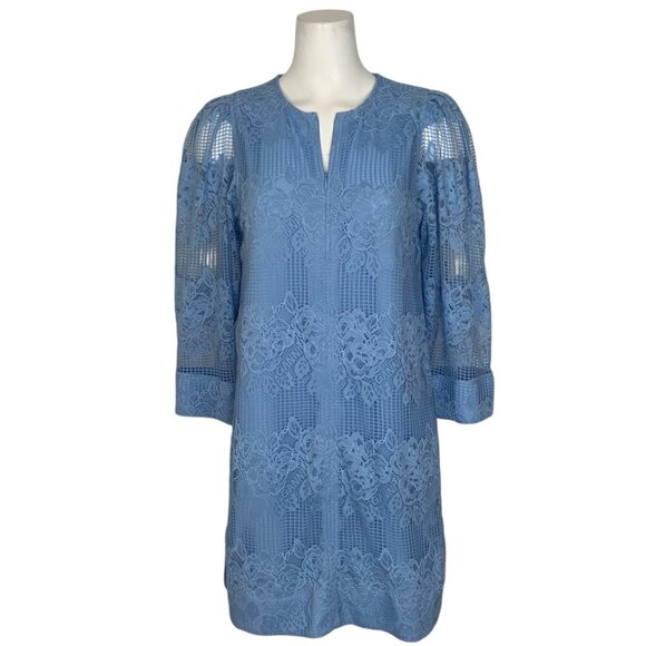 Ganni Lace Mini Dress 38 Placid Blue 3/4 Sleeve Zipper Front Shift MISSING BELT - Picture 1 of 12